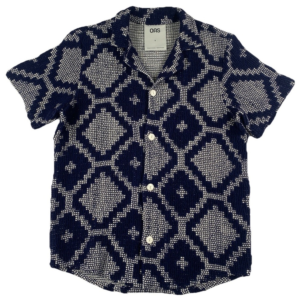 OAS Navy and White Crocheted Geometric Short Sleeve Button-Down Shirt